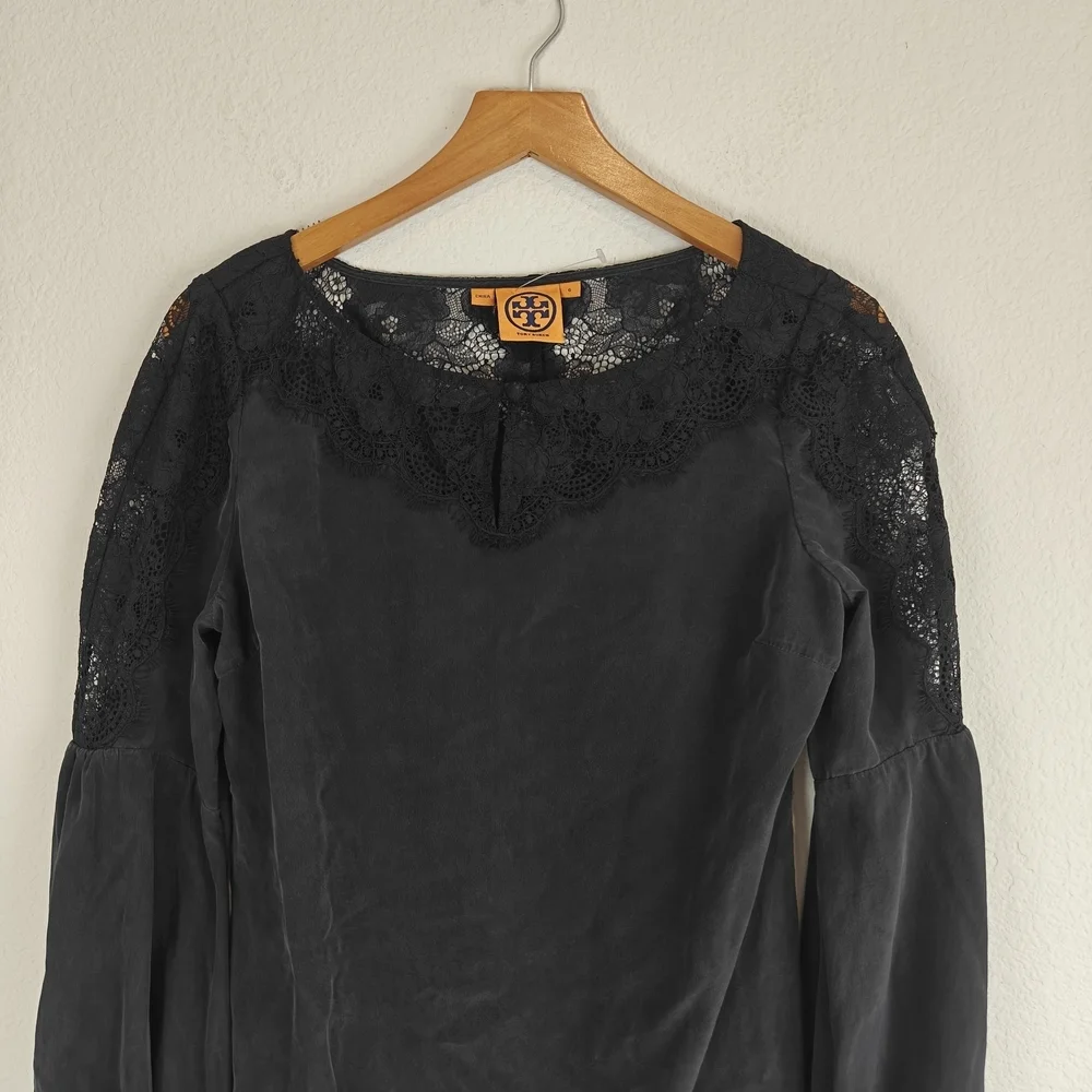 Tory Burch Black Silk Lantern Sleeve Blouse | Lace Neckline Romantic Boho Top 6